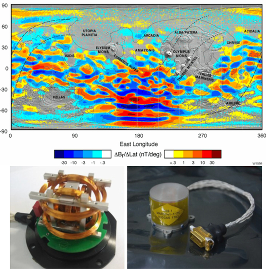 　　（上）火星全球探勘者号（MGS）在400公里高处获取的火星壳层磁场分布，火星剩磁有着明显的南北不对称性，主要分布在南半球 | 参考文献 [9]； 　　（下）祝融号火星磁强计传感器的结构和封装后的外观&nbsp;| 参考文献 [10]