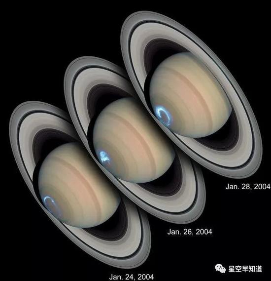 哈勃望远镜拍摄的土星图像，可以看出极光的变化&nbsp;&nbsp;来源：NASA