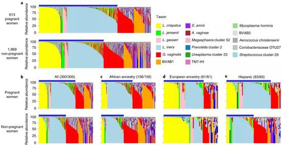 　　a：怀孕（上）和非怀孕（下）女性的阴道微生物丰度 　b：全部女性以及非洲、欧洲和西班牙血统的怀孕和非怀孕女性的阴道微生物丰度