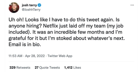 Tudum原团队人员在Twitter上发文自己被裁