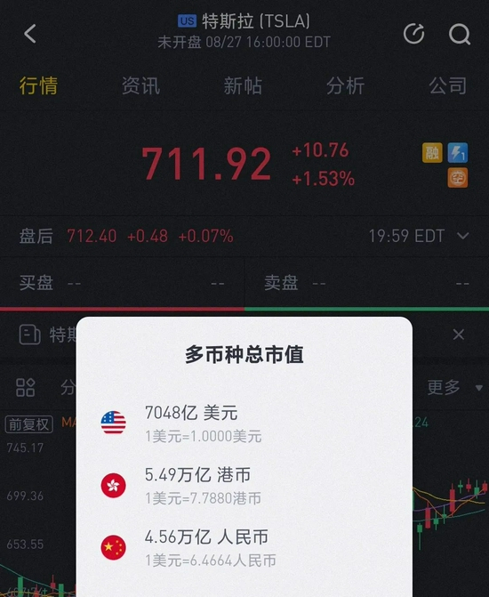 特斯拉市值情况，截图自老虎证券App