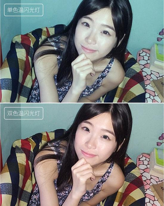  ▲ 单色温与双色温闪光灯的成像差异。 图片来自：魅族