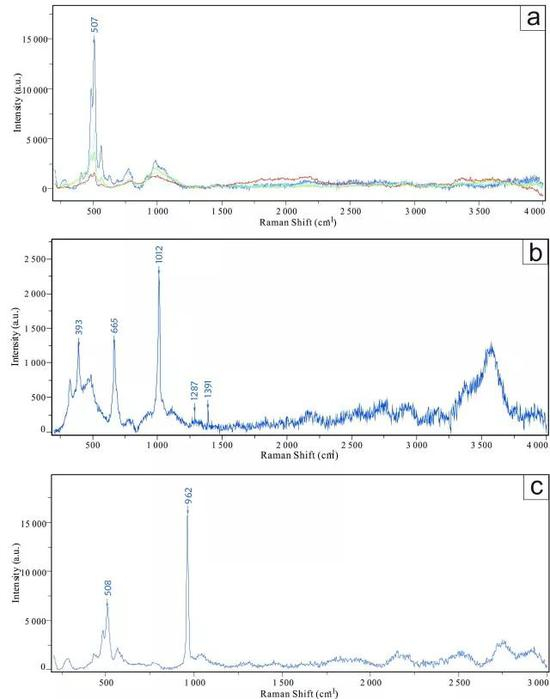 　　图3 拉曼光谱分析结果（a）斜长石中熔融包裹体的谱学特征，蓝色线代表玻璃质熔体，红线和绿线代表无物质的真空；（b）辉石中熔融包裹体中气相部分的谱学特征；（c）磷灰石的谱学特征