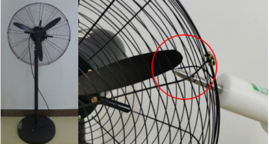 ▲市场购检工业风扇样品网罩间隙过大，成人试验指可以伸入