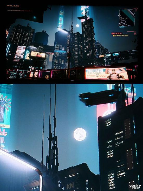  月亮的边缘，大楼、天线的边缘，都很清晰