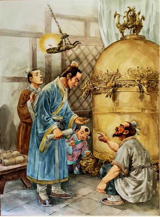 ▲画家绘制的张衡制作地动仪的想象图（供图 冯锐）