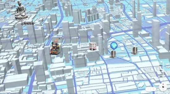 MetaShanghai中的地图界面，图上的建筑物是通往其他元宇宙的传送门。