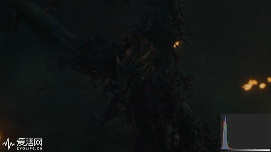 《权力的游戏》S08E03视频截图，右下角是直方图