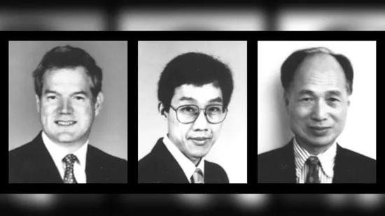 Michael Houghton、朱桂霖、郭劲宏（从左至右），照片拍摄于1990年左右。来源：H。 J。 Alter & M。 Houghton/Nature Med