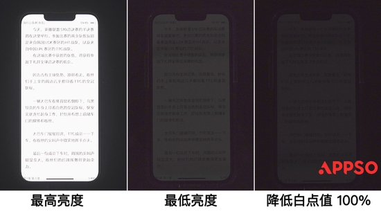 ▲ 在 iPhone 最高亮度、最低亮度、降低白点值 100% 的情况下效果对比