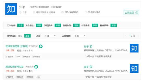 多达225个在招职位中，有100多个职位的是最近3天内刚刚发布的信息