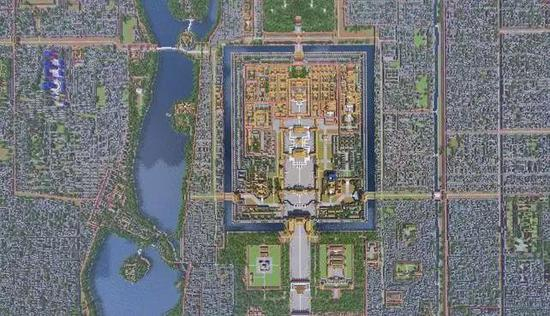 《Minecraft》版故宫的俯视图，一共用掉了一亿个方块