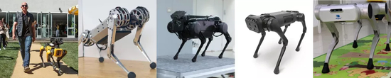 美国波士顿动力的Spot mini（左一）MIT的“迷你猎豹”（左二）中国腾讯的Jamoca（左三）宇树科技的A1（右二）Dogotix的DG-160A（右一）