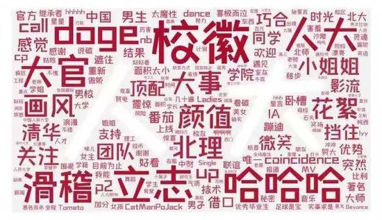 人大抖肩舞视频B站弹幕词云图&nbsp;&nbsp;注意关键词“校徽”在弹幕中被提及最多&nbsp;图源：怎敢请君侧耳听