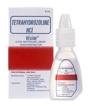 Visine 眼药水含有四氢唑啉的盐酸盐。图片来源：visine