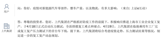 上汽在互动平台上宣布已实现复工复产，图源上证e互动