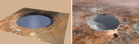 （左）盖尔撞击坑和（右）杰泽罗撞击坑有湖水状态的假想图 | NASA