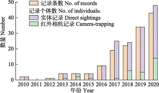 中国境内2010–2020年中华穿山甲记录条数、个体数与记录类型&nbsp;
