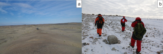 　　（a）研究团队在库姆塔格沙漠开展陨石收集工作； 　　（b）南极科考队员们正在格罗夫山寻找陨石 / 陈宏毅提供