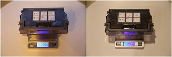 DJ35的尘盒重量测试前159.1g，测试后208.6g，清洁垃圾重量49.5g