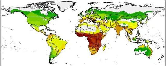 100 年来人类和蝙蝠共同携带的病毒数量，颜色越深，共同携带的病毒数量越多（来源：LIAM BRIERLEY ET AL。 ）