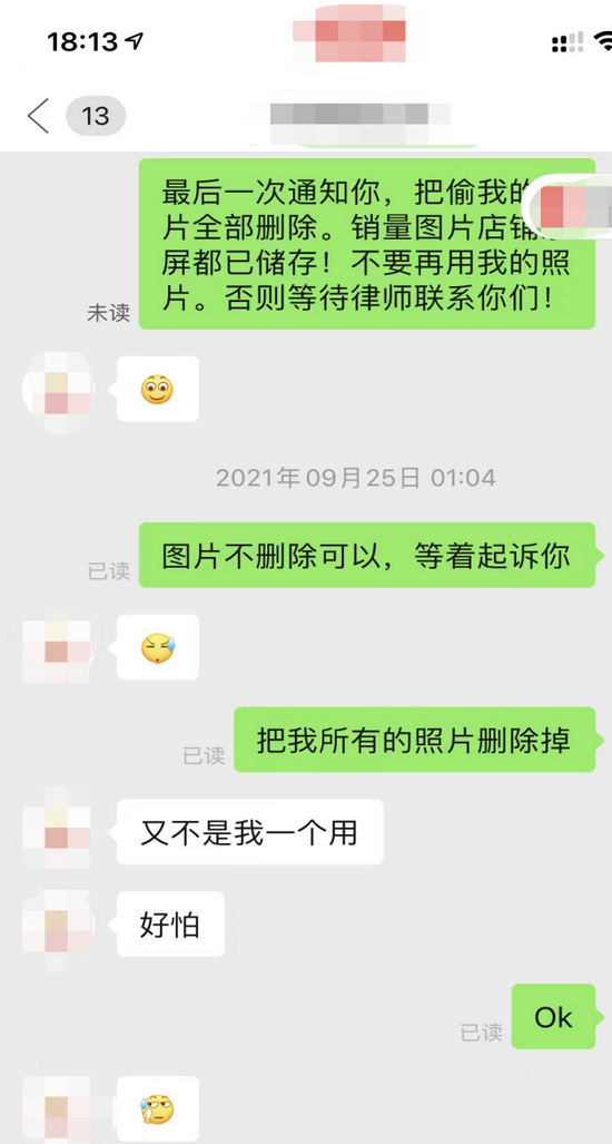 叶丽与盗图商家的聊天截图。受访者供图