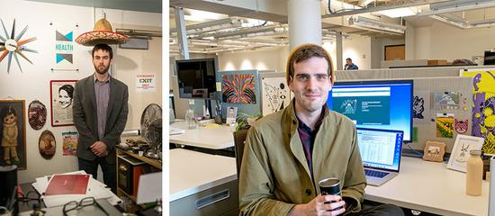 ▲ 设计师 Trevor Basset 在工作室里的 2013 年留影（图左）和 2019 年留影（图右）