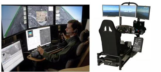 “全球鹰”无人机控制台和一款高端飞行模拟游戏的座舱