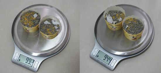 ▲左为戴森 V15 的集尘量，右为其他品牌 165AW 吸力的吸尘器