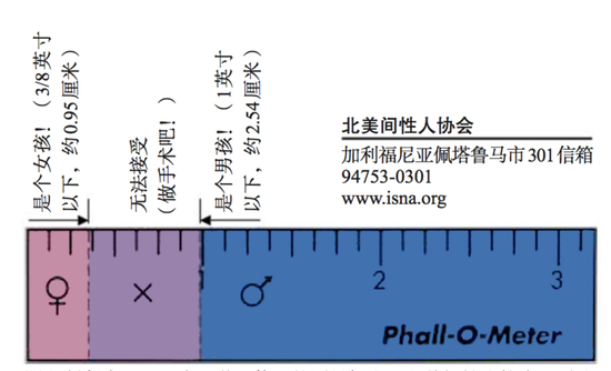 阴茎判断表。以上为医学上使用的测量标准。北美间性人协会反对这种主观绝对的测量方法，希望能创造一个没有羞耻感、无须对任何人隐瞒的世界。在这个世界里，出生时器官模糊的孩子无须做不必要的手术。