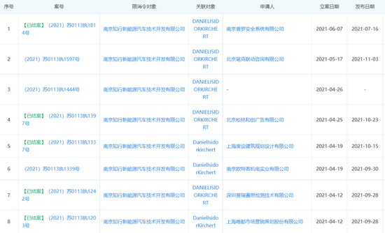 南京知行新能源限制消费令部分详情，截图自企查查