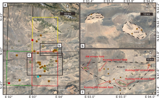 　　哈密、库姆塔格以及阿拉塔格山命名区内收集陨石分布图。C区域是目前在中国沙漠最适合收集陨石的地区（Fan et al。， 2022）