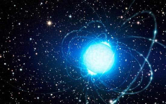 图1：艺术家对FRB的现象图，图中展示FRB可能源于中子星。图片来源：&nbsp;L。 Calçada / ESO
