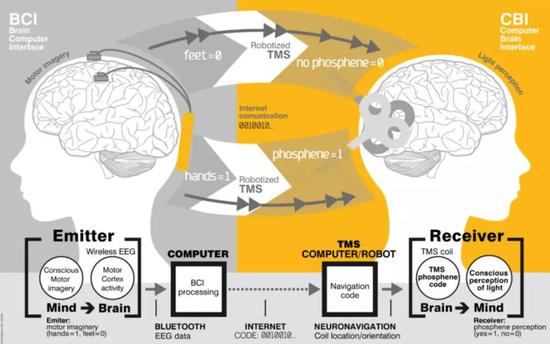 脑-脑接口技术及通信原理示意图