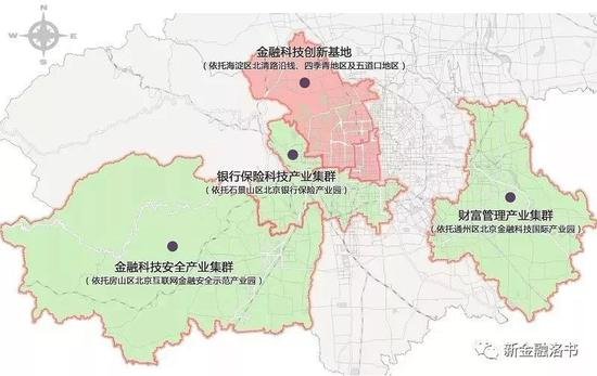 四大金融科技产业集群区域位置图；来源：北京金融监管局