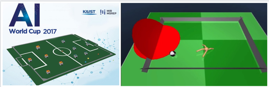 （左图：KAIST的AI世界杯宣传海报；右图：DeepMind团队用Ant Soccer训练AI）