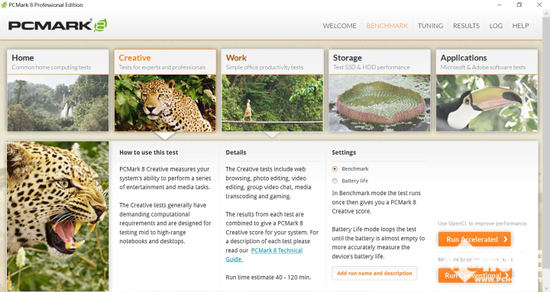 PCMARK8 Professional Edition测试界面（软件版本V2.7.613）