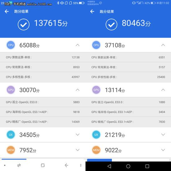 ▲新版安兔兔（左：360手机N6 Pro；右：荣耀7X）