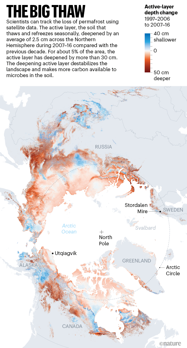 　　科学家通过卫星数据监测永久冻土层的丧失情况。活跃层的土壤会发生季节性的融解和冻结，在2007年至2016年，北半球永冻土的活跃层平均加深了2.5厘米。在大约5%的区域，活跃层深度增加了超过30厘米