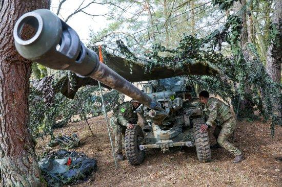 3 月 12 日，在德国霍恩费尔斯的训练区，英国军队士兵在 “盟军精神 25” 美国和北约组织训练演习中操作防空炮。