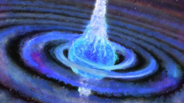 　　这张想象图展示了一个致密物体（黑洞或中子星）占据其大质量伴星核心的场景。致密天体的快速吸积导致其形成了吸积盘，并以接近光速的速度发射了一对喷流。这些喷流穿过了这颗伴星，由于其释放出的巨大能量，这颗伴星即将爆发成超新星。在接下来的几年里，爆炸的恒星物质将穿过一个密集的恒星物质环面。这个致密的天体在过去几个世纪里一直向伴星内核喷射恒星物质，产生了明亮的无线电余辉