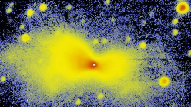 这是回力棒星云及其周围区域的彩色温度图。蓝色区域是膨胀最大，温度也最低的区域。