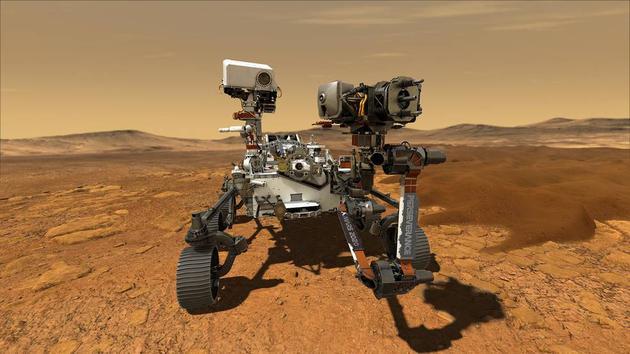 NASA的毅力号漫游车将于美东时间2021年2月18日下午3点40分许降落在火星表面。图为毅力号在火星表面运行的概念图。