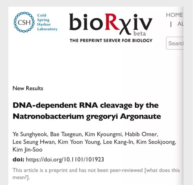 ►韩国学者Jin-Soo Kim等在BioRxiv上传的文章称，DNA介导的NgAgo蛋白切割的是RNA，而不是DNA。