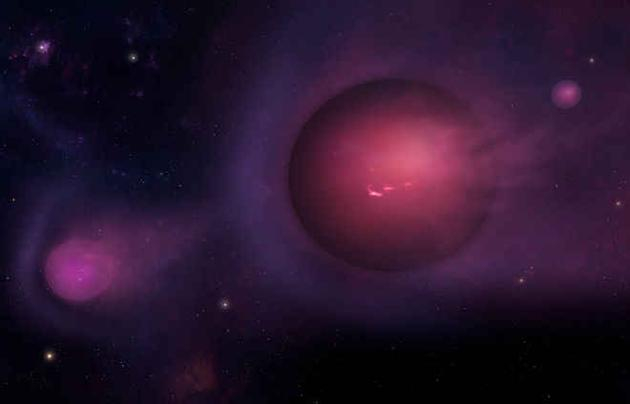 　　当一个黑洞吞噬一颗恒星，它会同时将一团行星质量大小的气体物质“呕吐”出来，这些气体团会在星系内部穿行