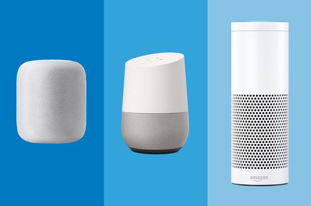从左至右：苹果HomePod、谷歌Google Home、亚马逊Echo