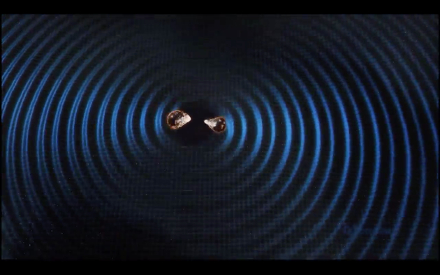 中子星合并并产生引力波示意图。大约13亿年前，两个间隔大约300公里，相互绕转的中子星逐渐靠近，越转越快，造成周围时空的扰动，产生引力波信号，并最终合并为一体