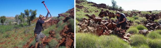 乔纳斯·图什（左）和卡斯滕·蒙克（右）在澳大利亚皮尔布拉用大锤敲打、采集太古宙的岩石样品