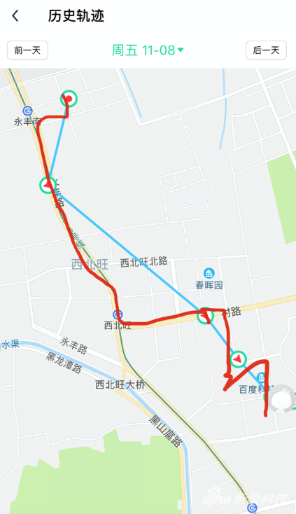 我的路线（红色）和手表给出的轨迹（蓝色）