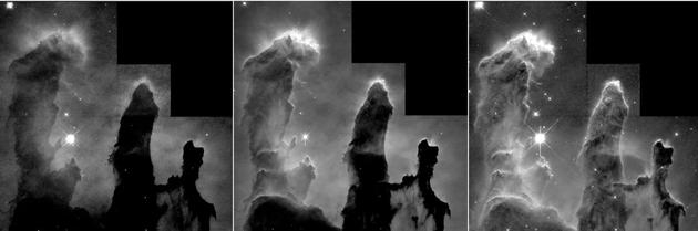 　　图为用于合成著名的“创生之柱”图像的三张分光图片。左一仅显示由氧原子释放的光线，被研究人员处理为蓝色。中间为氢原子释放的光线，处理为绿色。右一则是硫原子释放的光线，处理为红色。